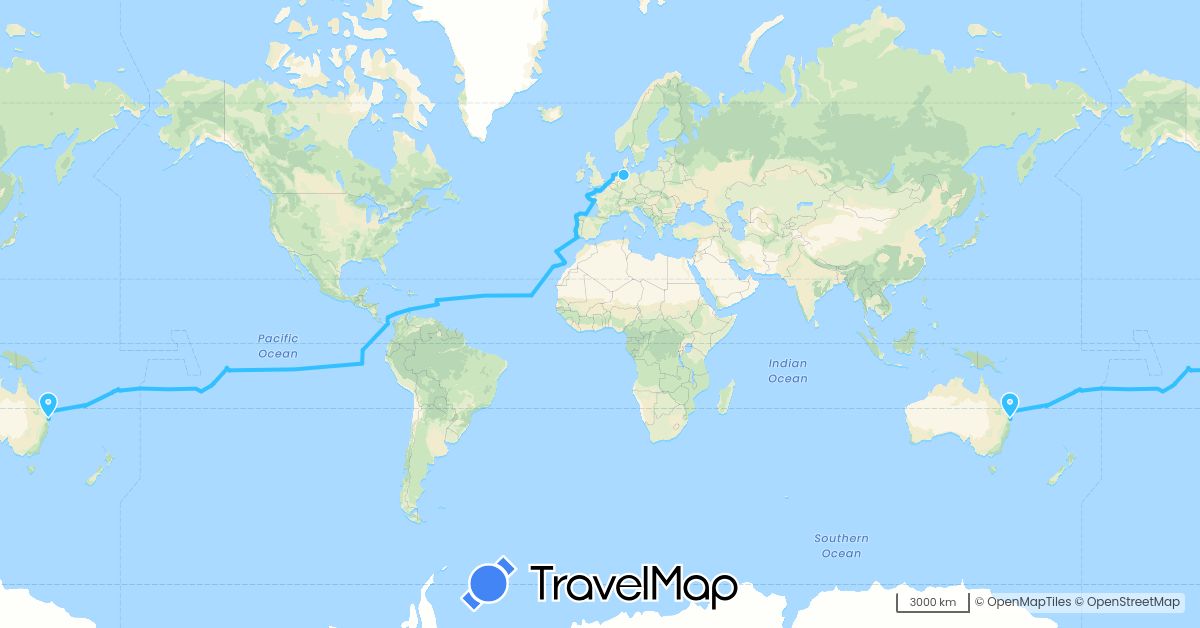 TravelMap itinerary: driving, boat in Australia, Germany, Dominica, Spain, Fiji, France, Jersey, Netherlands, Panama, Portugal (Europe, North America, Oceania)
